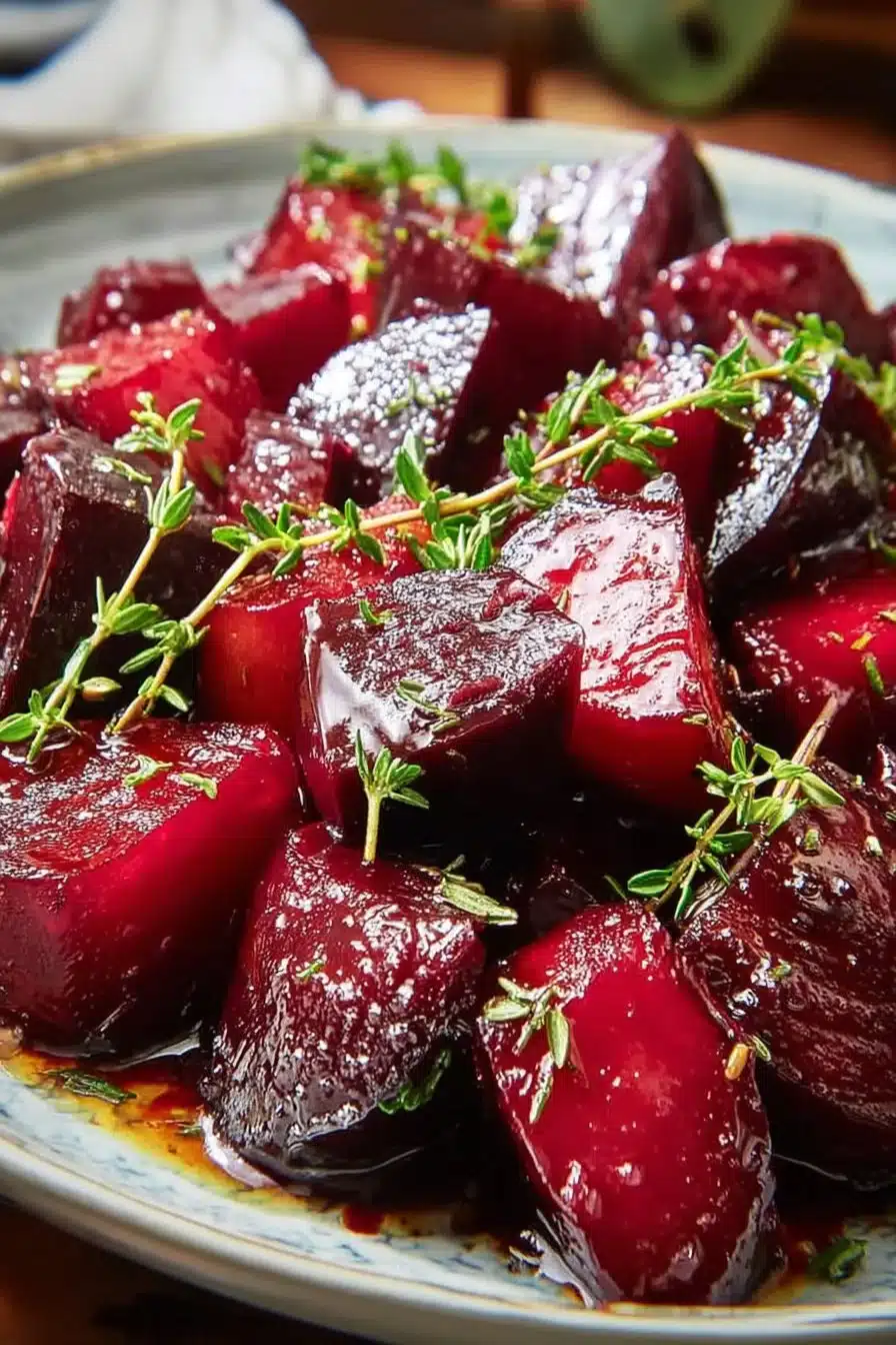 Balsamic glazed roasted beets garnished with herbs on a white plate
