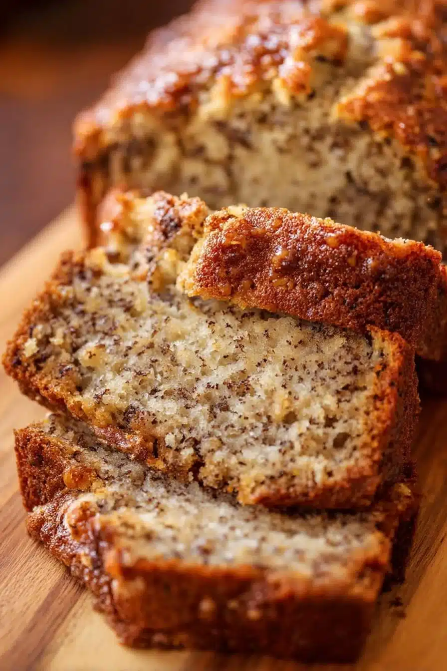 Freshly baked banana bread loaf with slices on a wooden board.