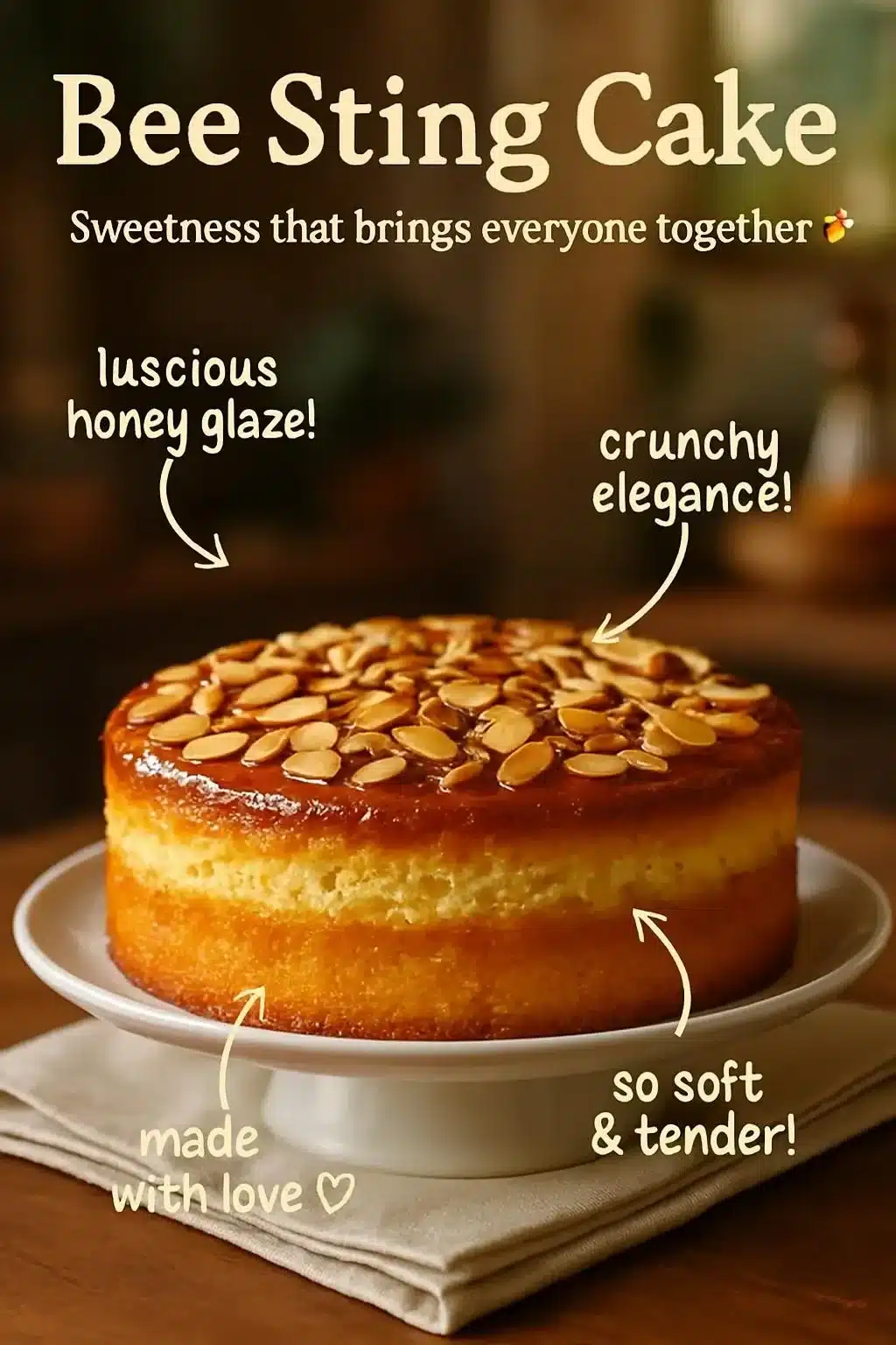 A delicious slice of Bee Sting Cake decorated with almonds and honey cream filling.