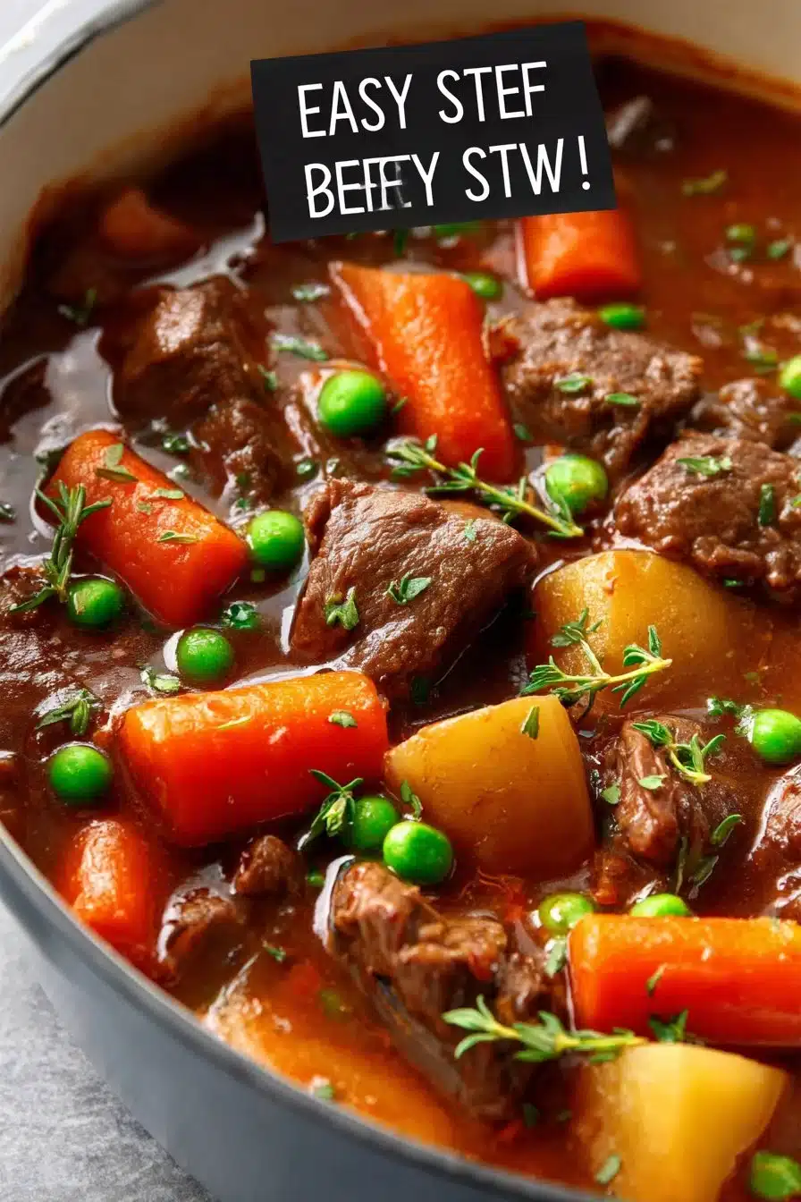 Delicious homemade beef stew with vegetables in a rustic bowl.