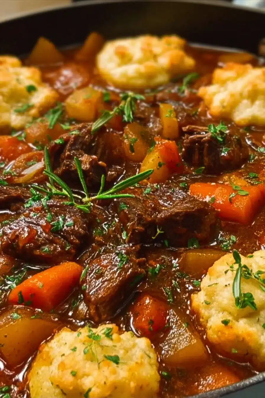 Delicious beef stew with cheddar herb dumplings served in a bowl.