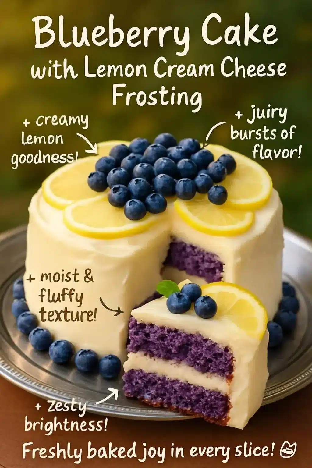 Blueberry cake with lemon cream cheese frosting on a white plate