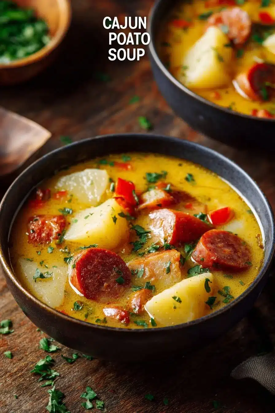 Bowl of creamy Cajun Potato Soup topped with herbs and spices