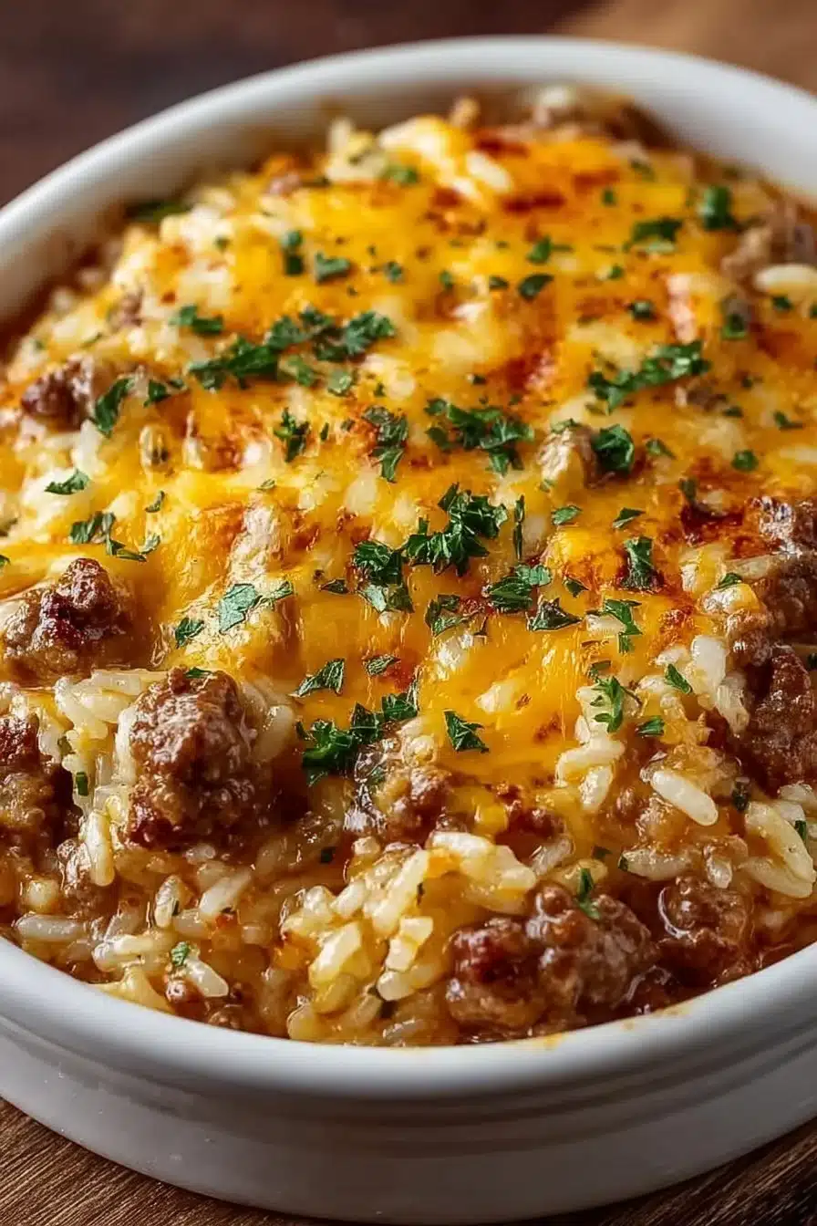 Cheesy hamburger rice casserole served in a baking dish