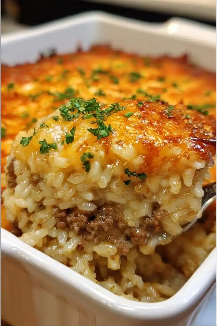 Cheesy Hamburger Rice Casserole baked dish with ground beef and rice