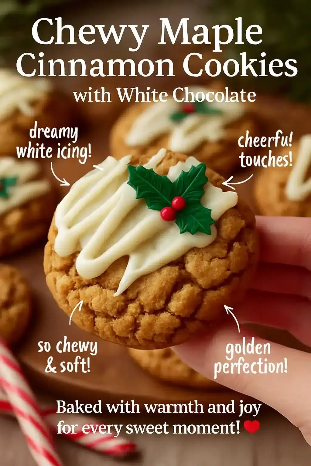 Chewy maple cinnamon cookies drizzled with white chocolate on a plate.