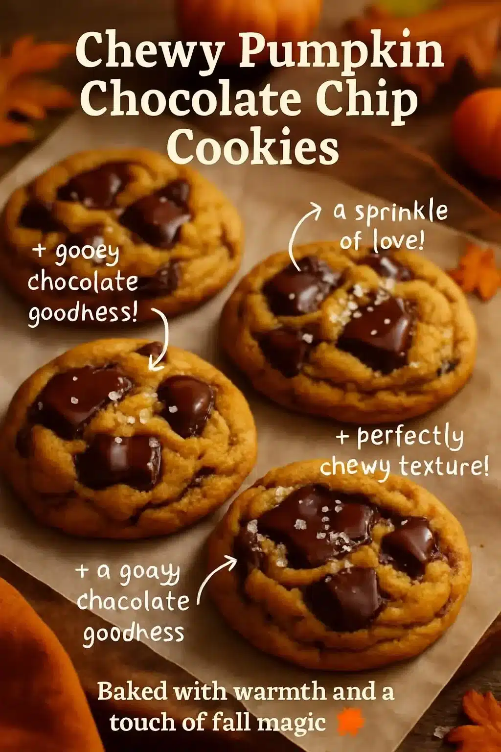 Deliciously chewy pumpkin chocolate chip cookies on a plate