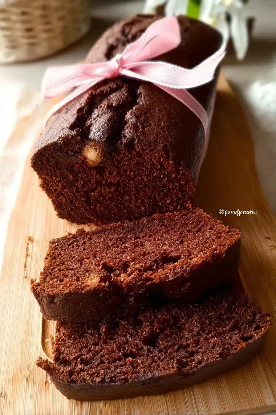 Loaf of moist chocolate banana bread with chocolate chips on a wooden table