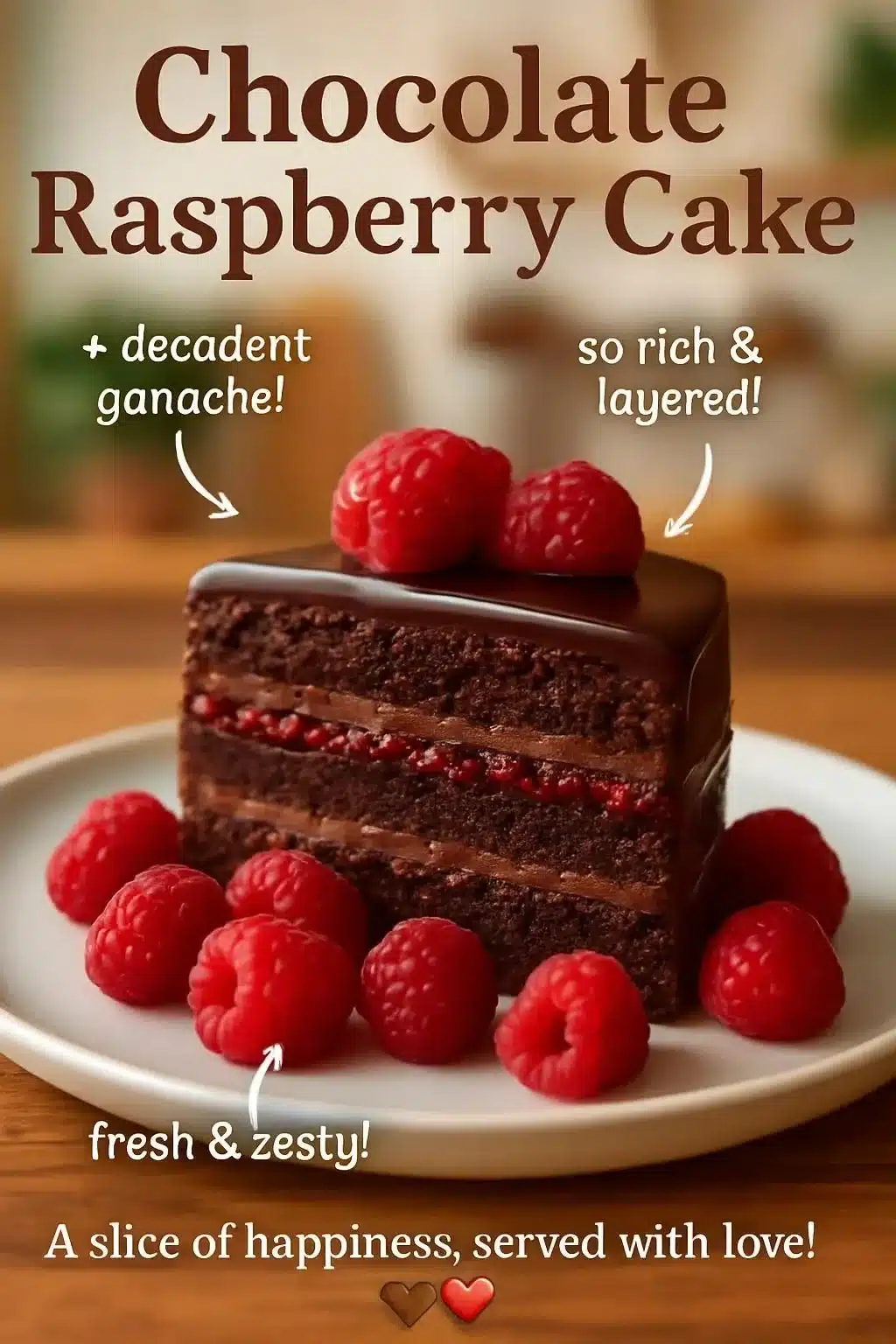 Decadent Chocolate Raspberry Cake decorated with fresh raspberries and chocolate shavings.