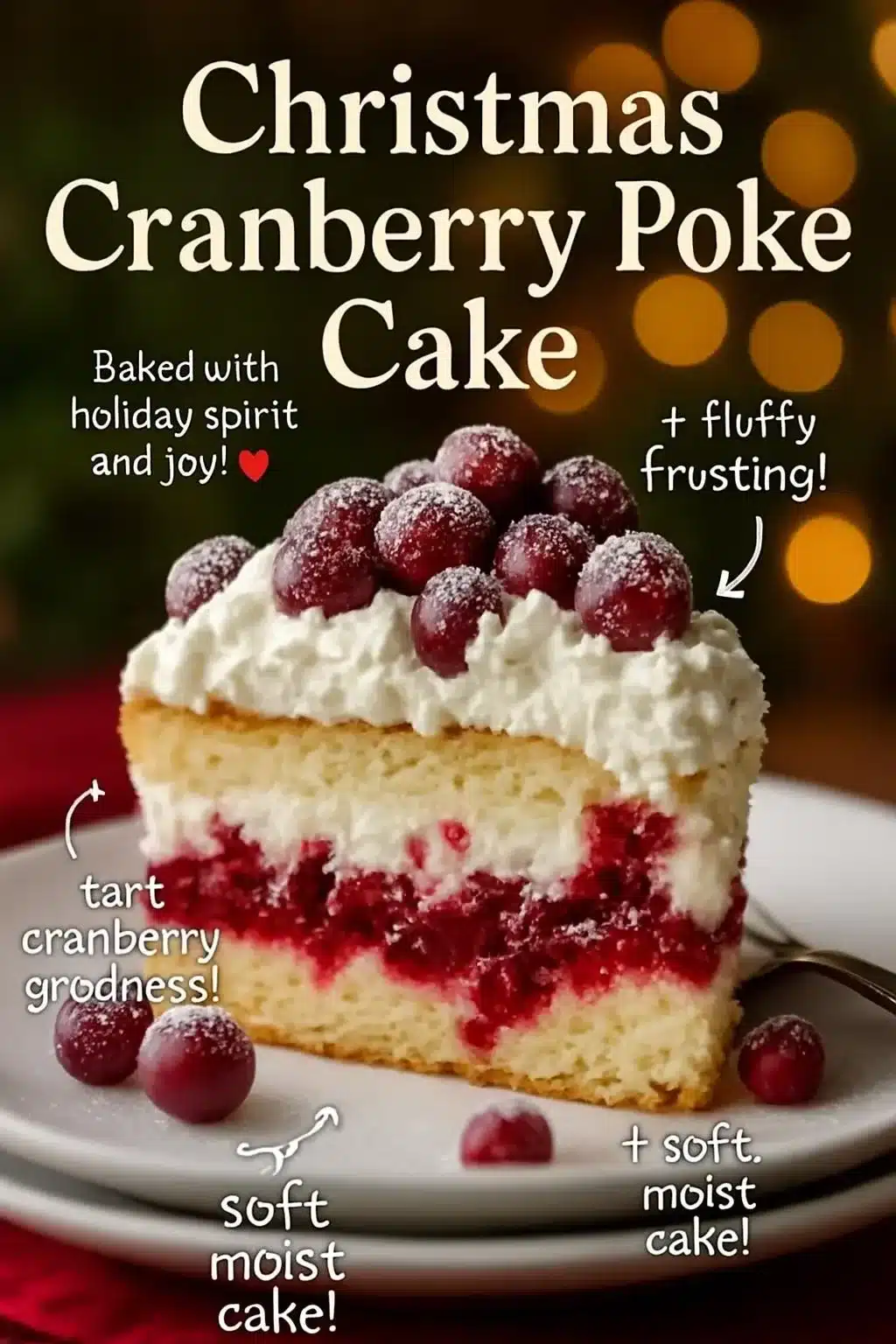 Delicious Christmas Cranberry Poke Cake topped with whipped cream