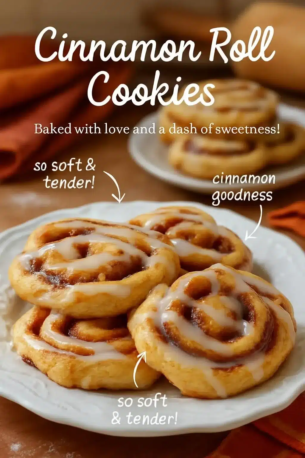Plate of homemade cinnamon roll cookies with frosting on top