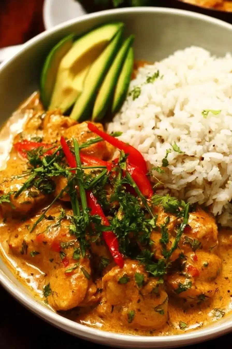 Delicious Coconut Chicken served with fresh herbs and lime wedges