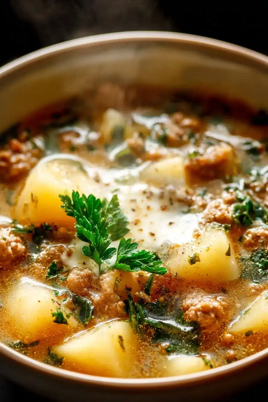 Cozy Italian sausage and potato soup in a bowl, garnished with parsley
