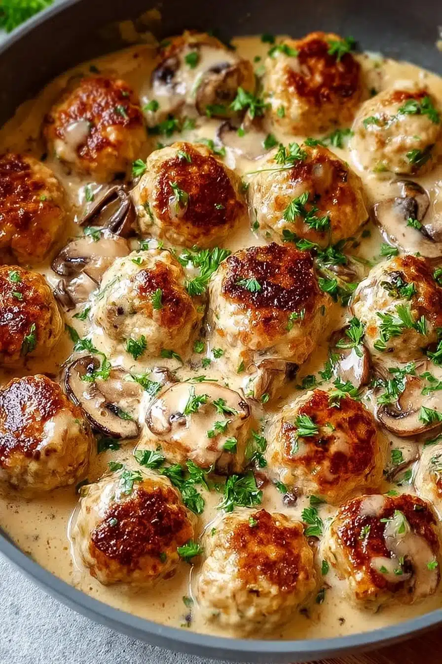 Delicious creamy mushroom chicken meatballs served in a savory sauce