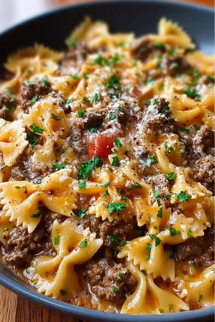 Creamy Parmesan Garlic Beef Bowtie Pasta served in a bowl