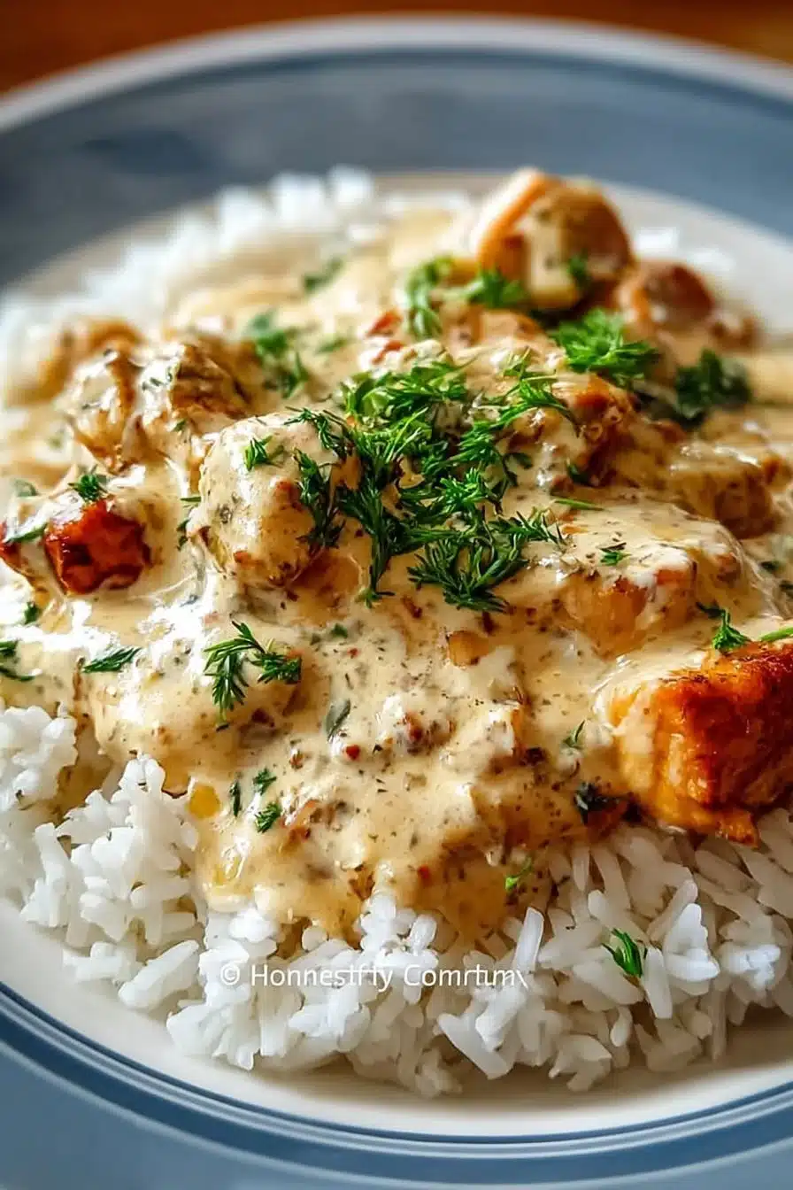 Creamy smothered chicken served over rice in a hearty dish