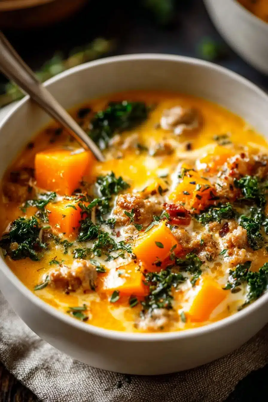 Creamy sweet potato and sausage soup in a bowl garnished with herbs.