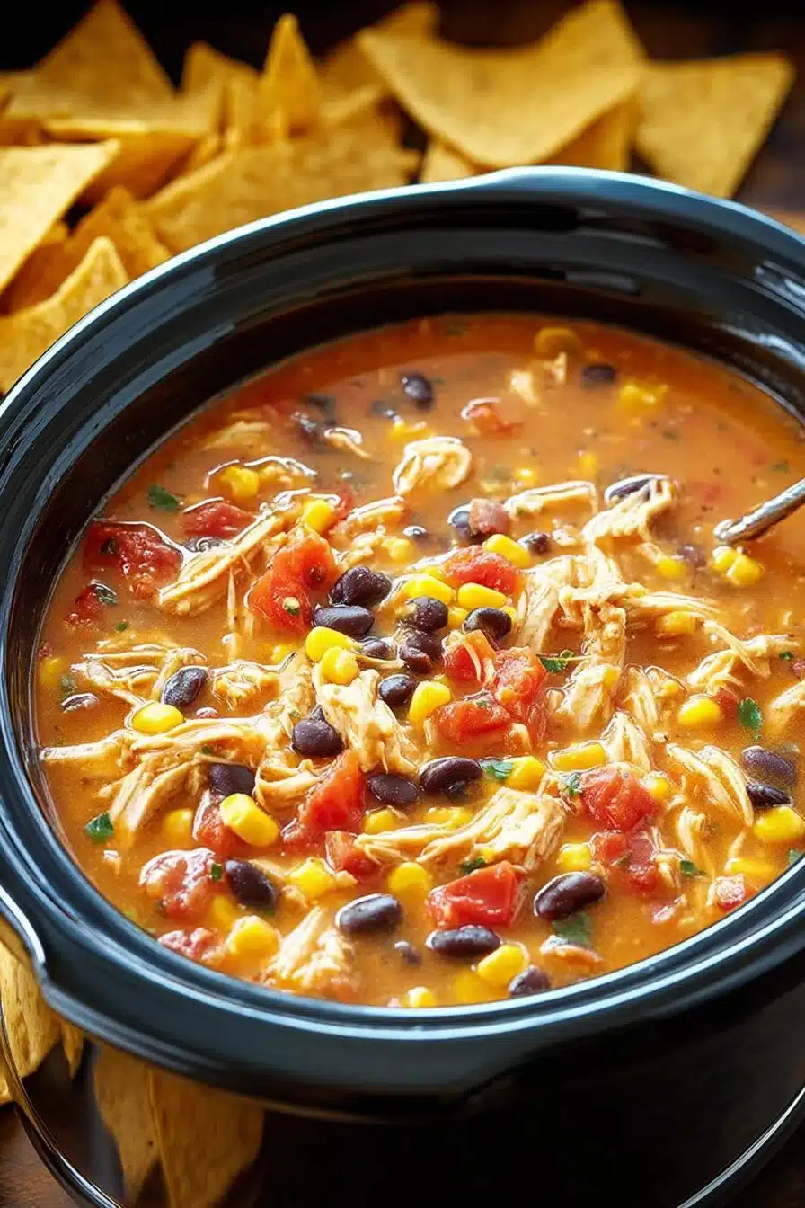 Bowl of delicious Crockpot Chicken Tortilla Soup garnished with tortilla strips and herbs.
