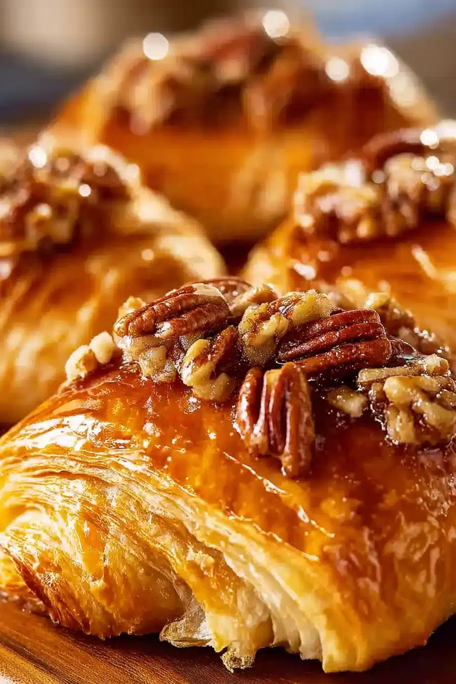 Delicious pecan pie crescent rolls on a wooden table with festive decorations.