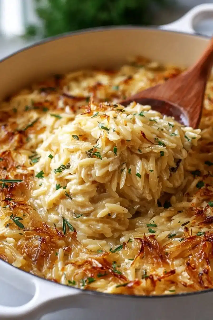 French Onion Chicken Orzo Casserole with melted cheese and herbs