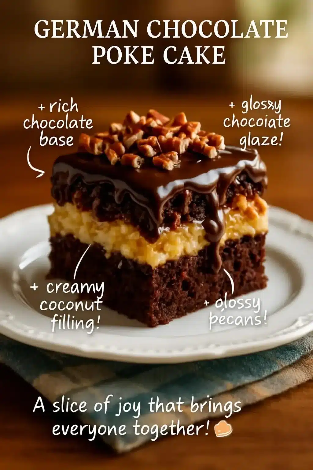 Slice of German Chocolate Poke Cake topped with coconut and pecan frosting