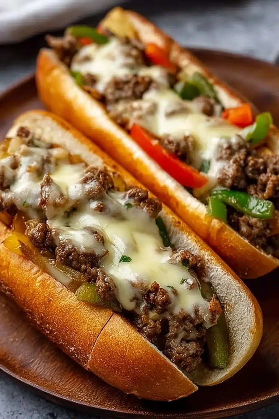 Delicious Ground Beef Philly Cheesesteaks ready to enjoy, featuring melted cheese and fresh toppings.