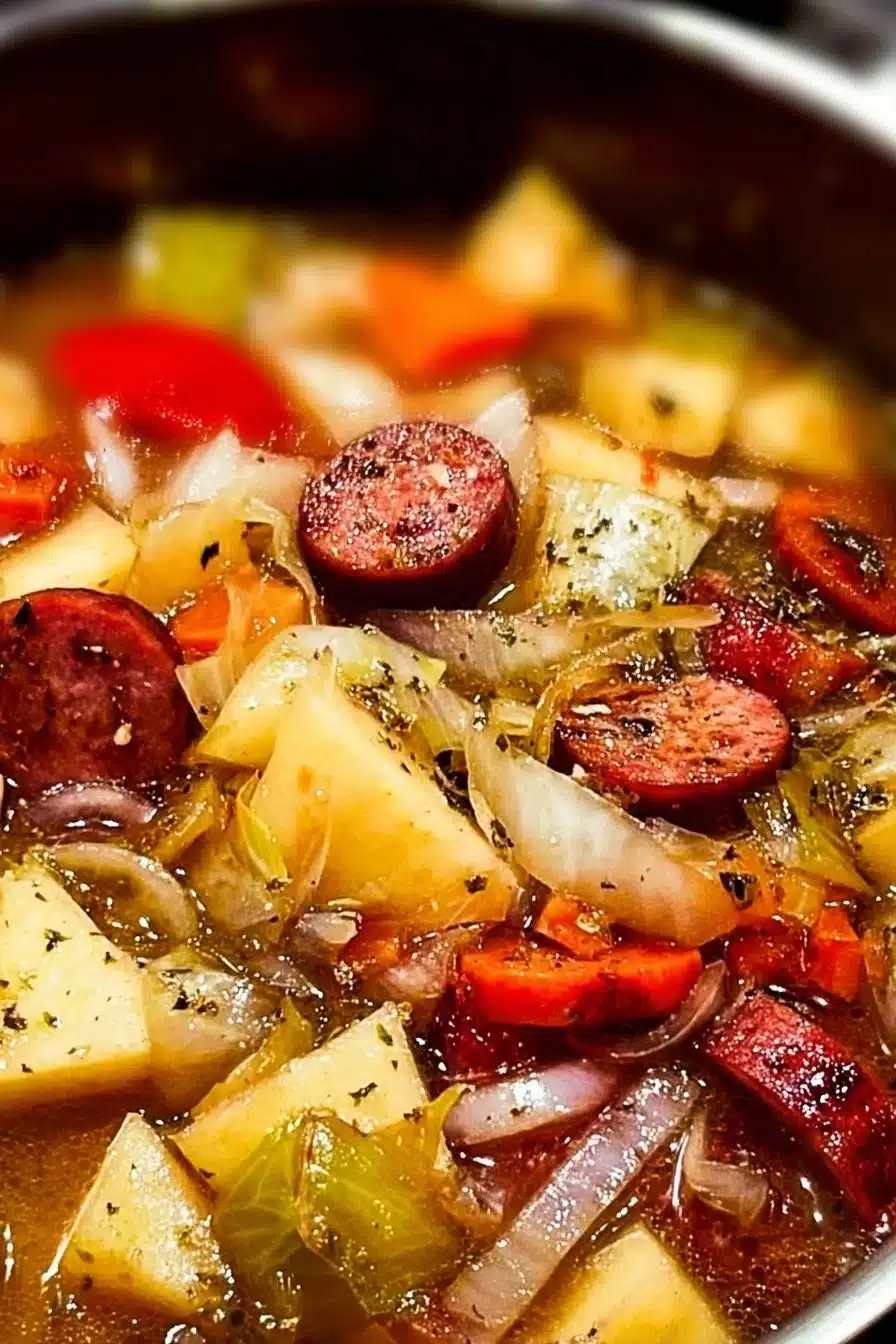 Bowl of hearty cabbage sausage potato soup topped with fresh herbs
