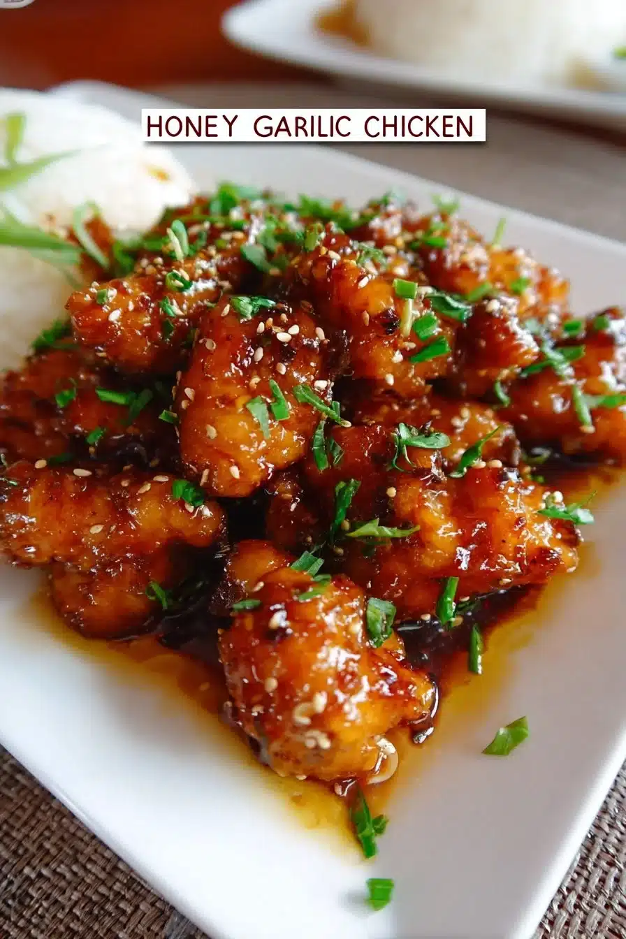 Delicious Honey Garlic Chicken garnished with green onions on a plate