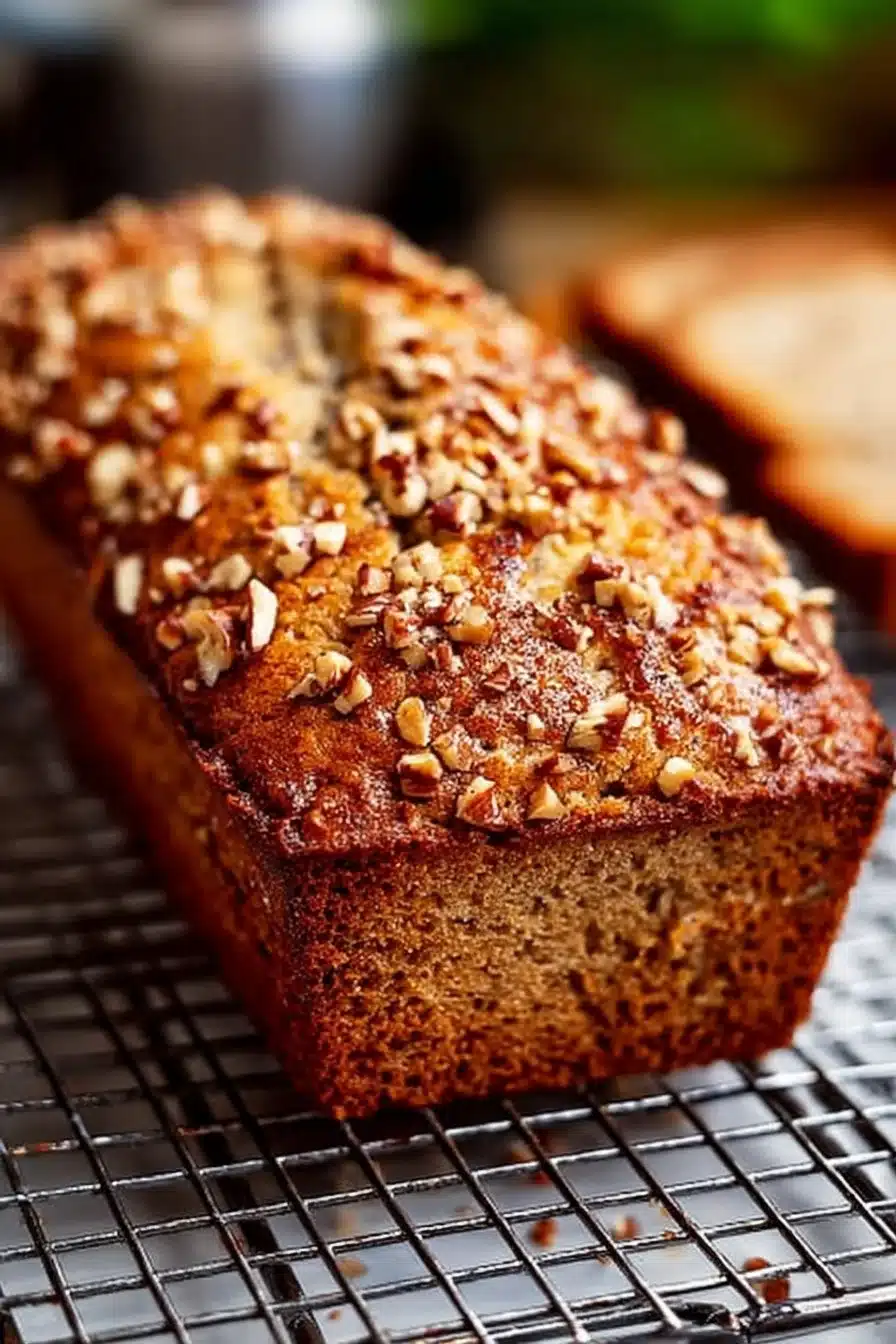 Delicious slice of Ina Garten's easy banana bread on a wooden table