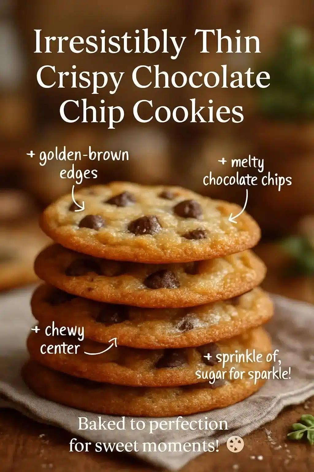 Plate of irresistibly thin crispy chocolate chip cookies with melted chocolate chips.