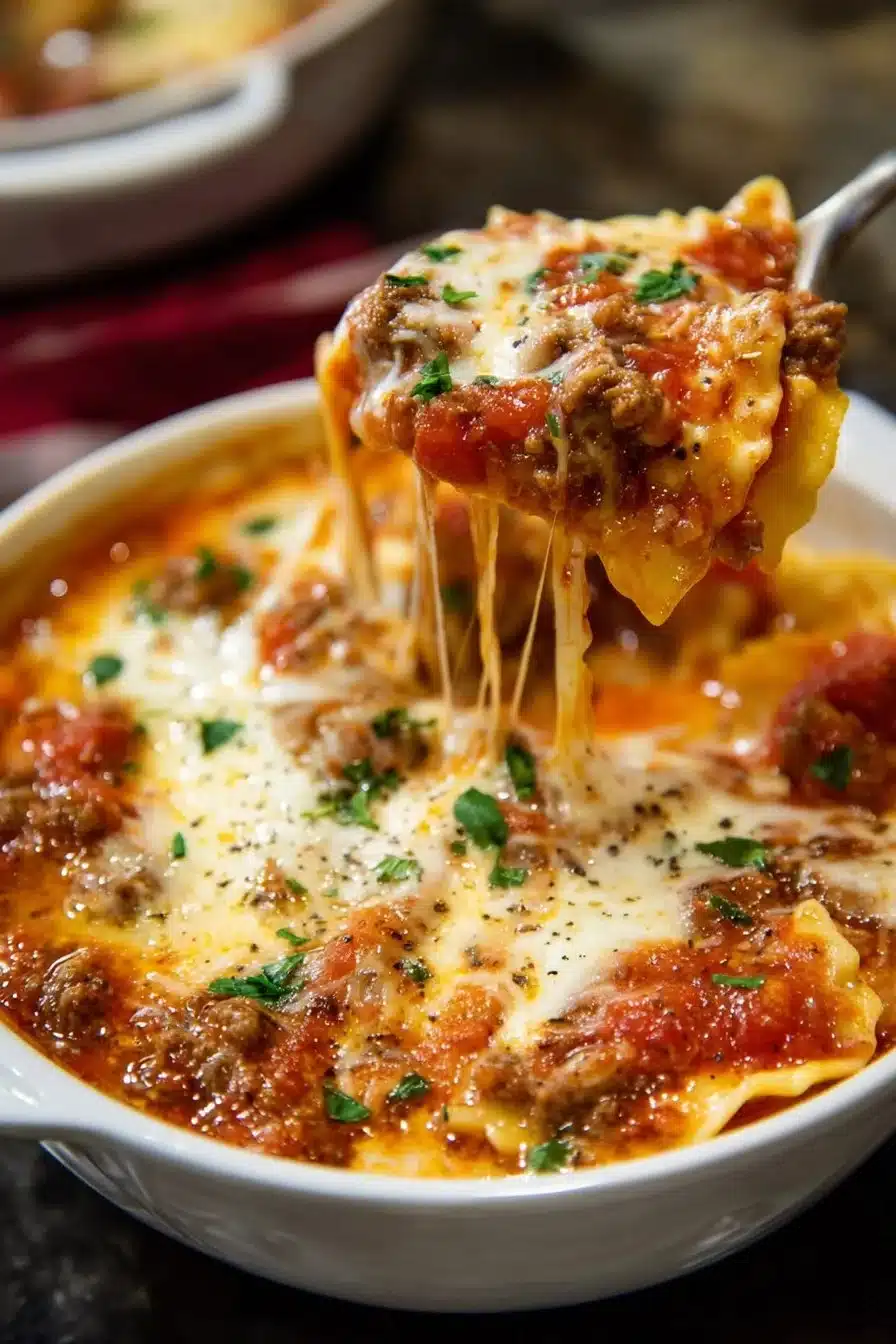 Delicious bowl of homemade lasagna soup with cheese and herbs
