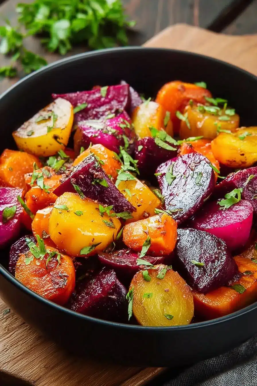 Delicious Maple Roasted Beets and Carrots, a vibrant and healthy dish.