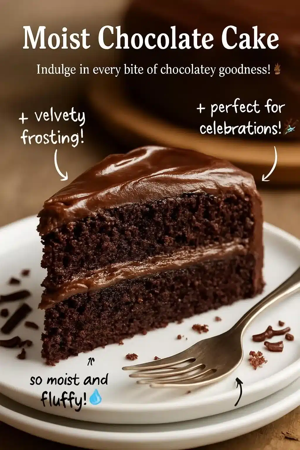 Delicious and moist chocolate cake topped with rich chocolate frosting