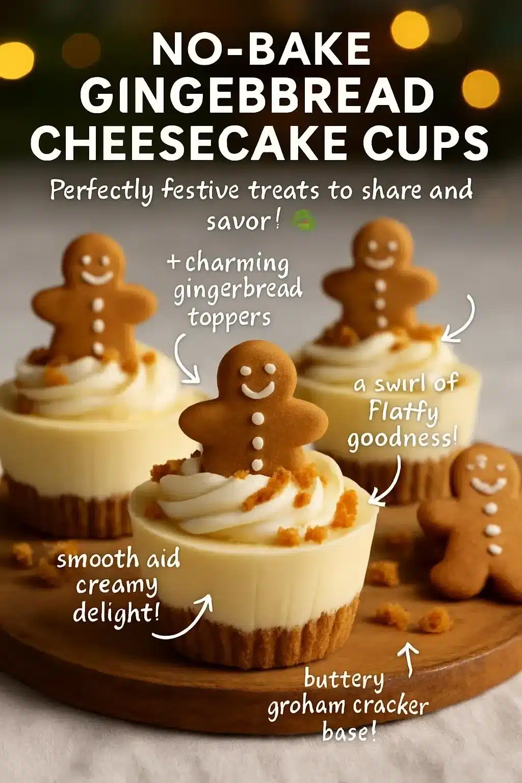 No-Bake Gingerbread Cheesecake Cups topped with gingerbread crumbs