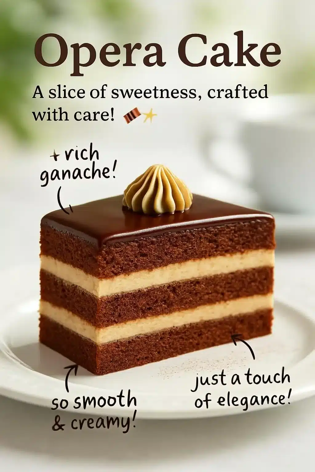 Delicious Opera Cake with layers of coffee buttercream and chocolate glaze