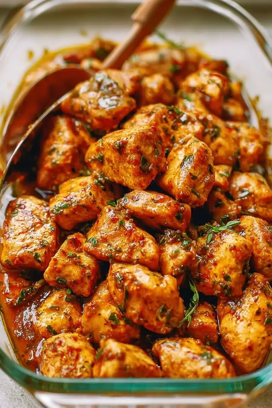 Oven-baked chicken bites served on a plate with dipping sauce