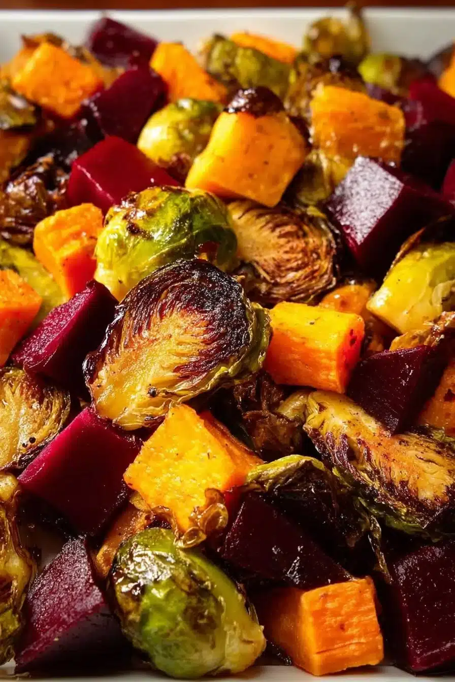 Oven roasted fall vegetables on a serving platter.