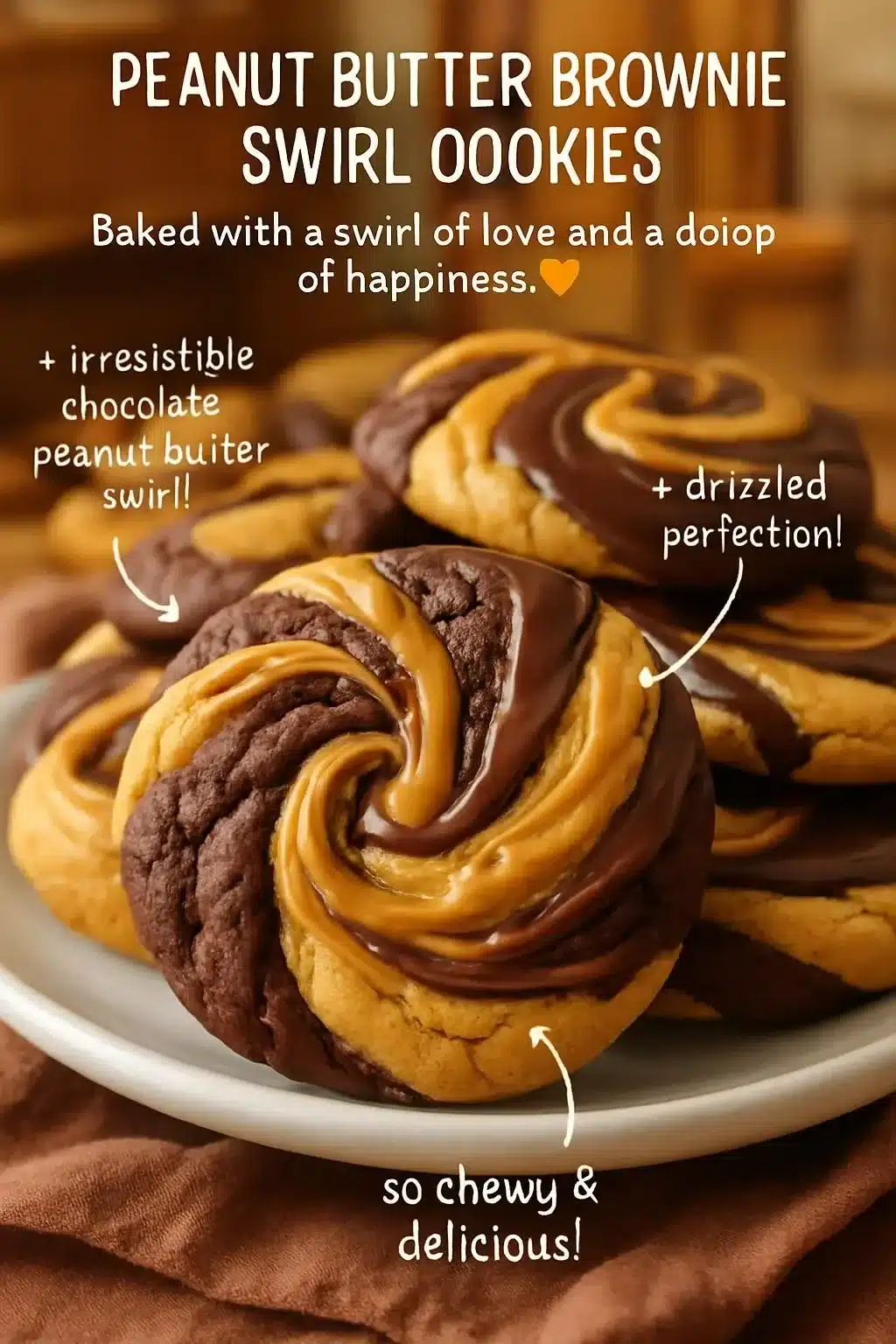 Peanut butter brownie swirl cookies on a wooden plate