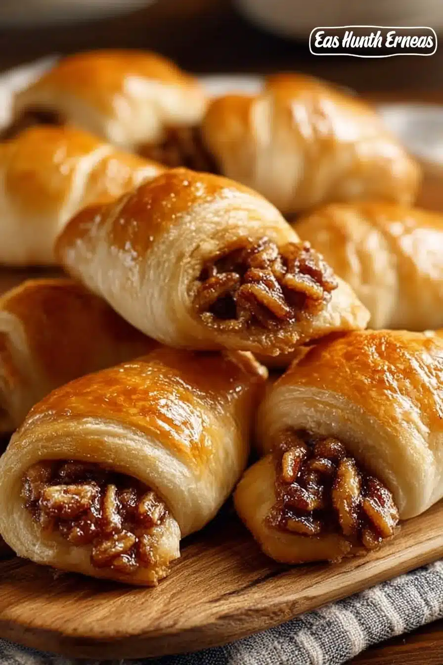 Pecan Pie Crescent Rolls topped with chopped pecans and syrup on a plate