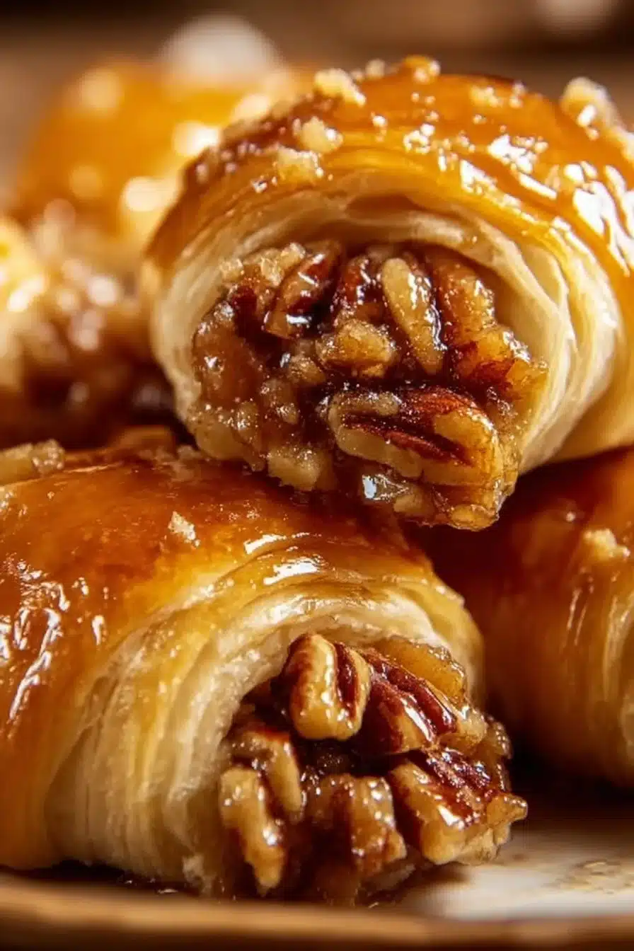Pecan Pie Crescent Rolls fresh out of the oven, topped with pecans and caramel.