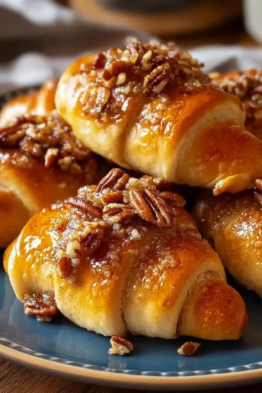Pecan Pie Crescent Rolls topped with nuts and syrup on a plate