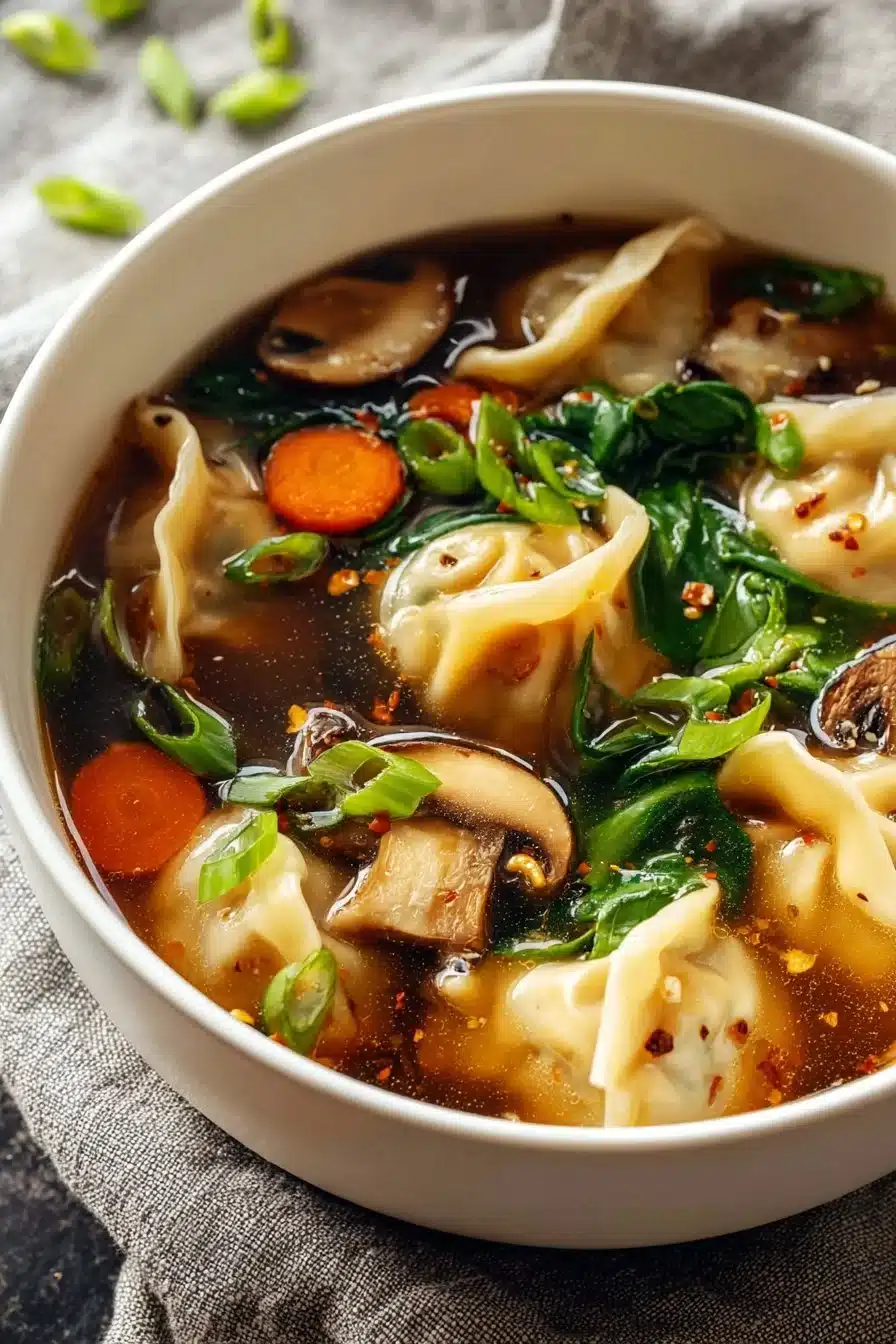 Bowl of homemade Potsticker Soup garnished with green onions and herbs.