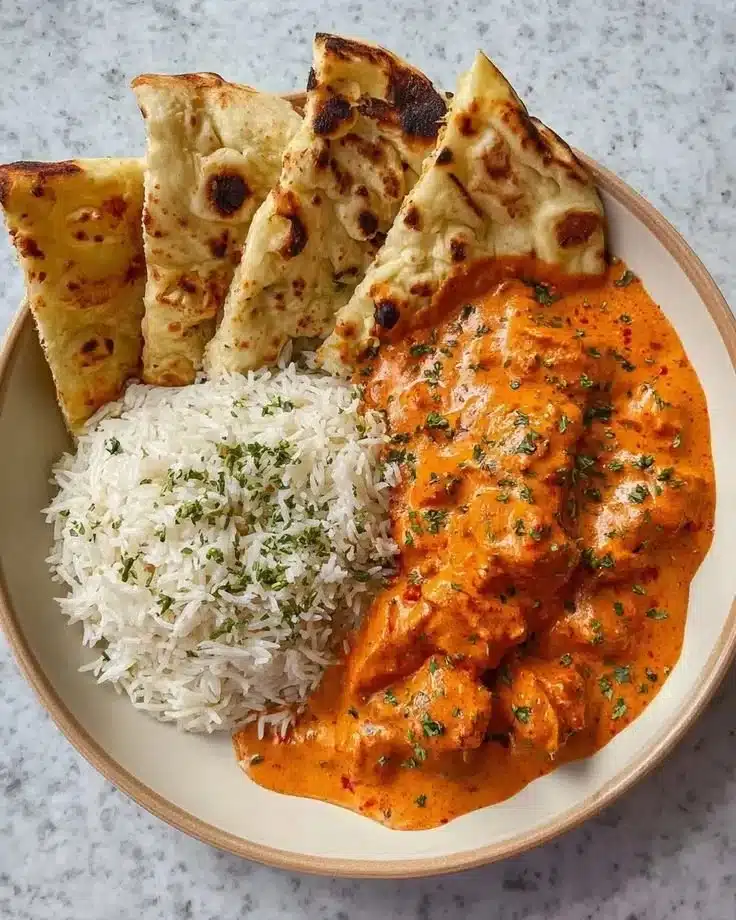 Plate of homemade butter chicken served with rice and naan bread