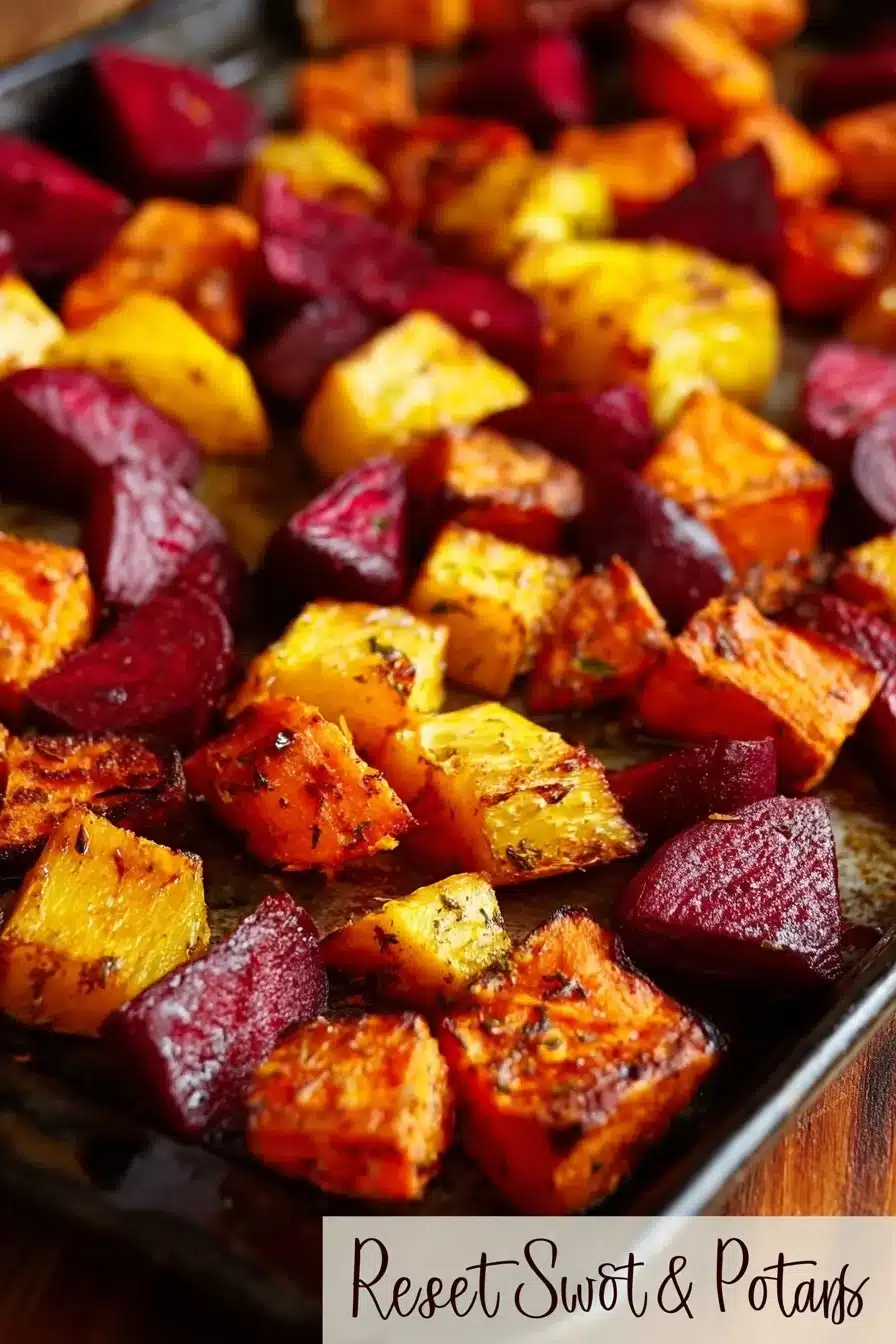 A colorful dish of roasted beets and sweet potatoes served in a bowl