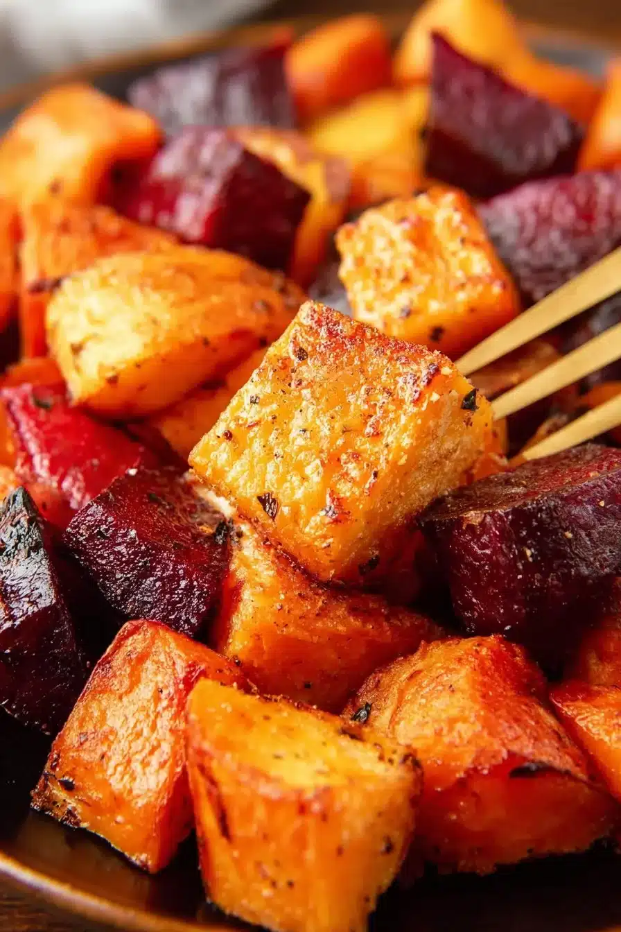 Plate of roasted beets and sweet potatoes garnished with herbs