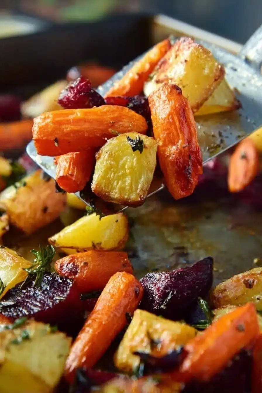 Roasted vegetables including potatoes, carrots, and beets served in a dish