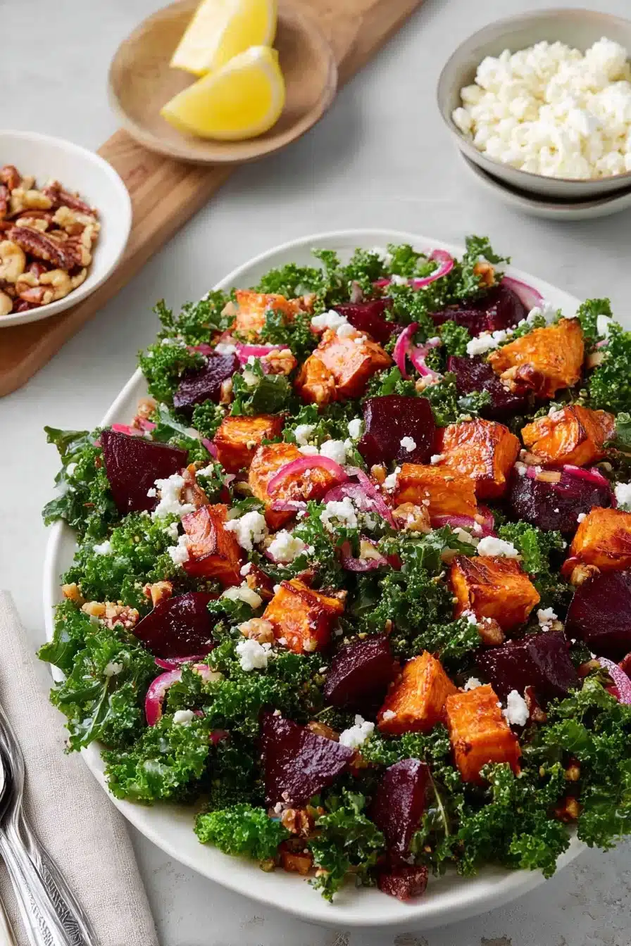 Roasted sweet potato and beetroot salad with vibrant colors and fresh ingredients