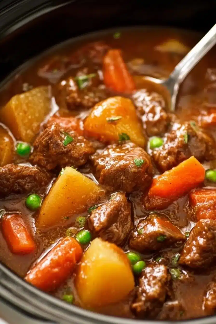 Delicious slow cooker beef stew with vegetables and herbs in a rustic bowl