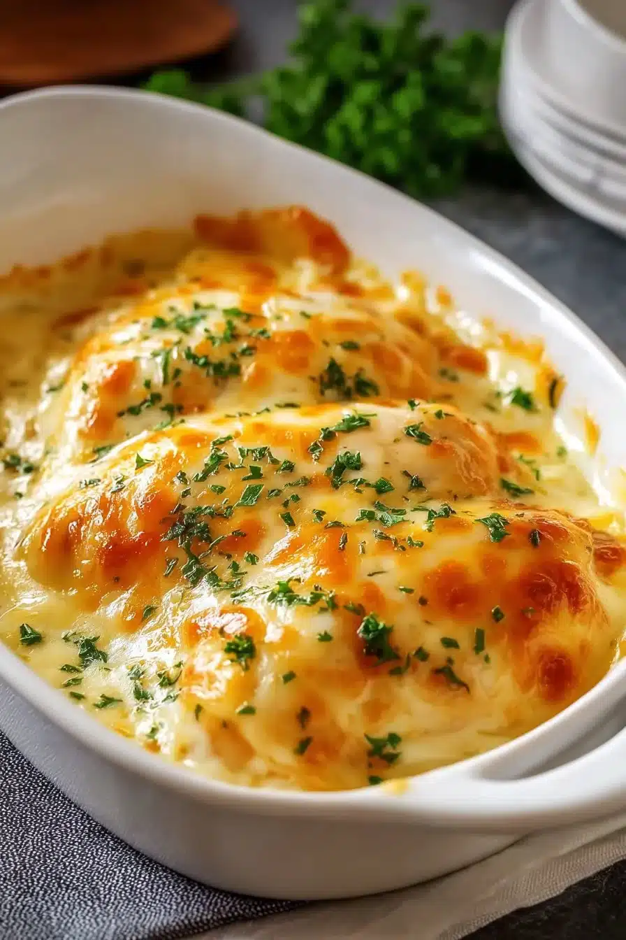 Smothered cheesy sour cream chicken garnished and served on a plate