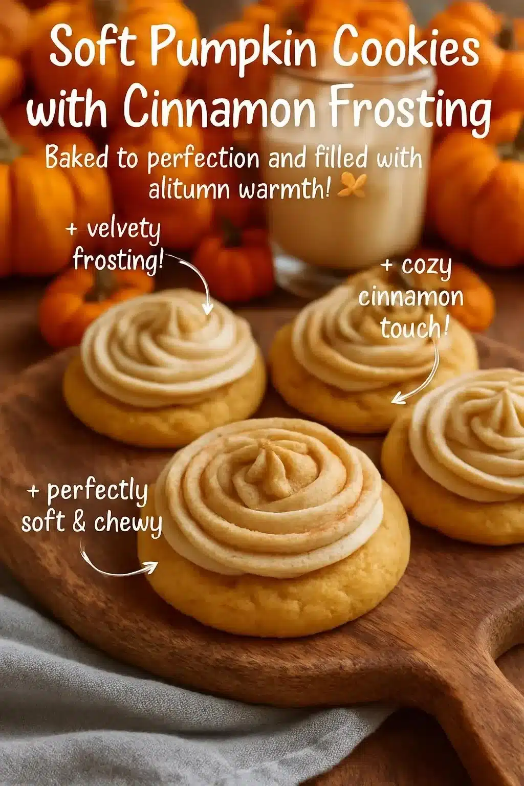 Soft pumpkin cookies with cinnamon frosting on a plate